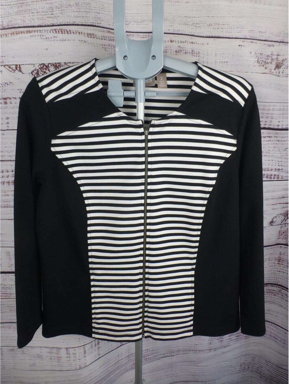 Chico's Women's Black White Striped Full Zip Knit Jacket Size 2 (US L) - K5